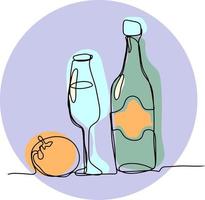 A festive set of a bottle of wine, a wine glass and a tangerine on a lilac background. Vector illustration with one line