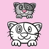 A set of color and monochrome images, a sketch for a coloring book. Cute gray contented cat with dark spots on the coat, cat face with paws, cartoon vector illustration on pink background