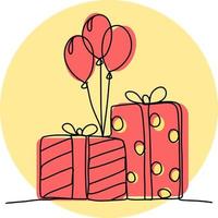 A festive set with gifts and balloons on a yellow background. Vector illustration with one line