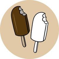 The set of images is monochrome and color, a coloring book. Chocolate-covered popsicle, delicious cold desserts, chocolate ice cream on a stick. Vector illustration in cartoon style