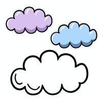 un conjunto de dibujos animados de nubes de luz multicolores y un boceto, clima nublado, ilustraciones vectoriales en un fondo blanco para indicar el clima vector