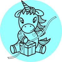 lindo unicornio abre un regalo, ata un arco en un regalo, dibujo de contorno, vector sobre un fondo azul