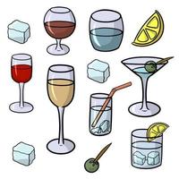 Color vector illustration. A large set with various glasses with alcoholic and non-alcoholic drinks, attributes for relaxation