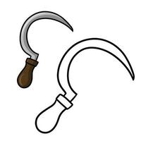 A set of pictures for a coloring book. Metal sickle with wooden handle, garden pruning tool, vector illustration