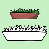 A set of illustrations. Long brown pot with seedlings, vector cartoon illustration on a green background