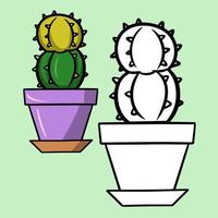 un conjunto de imágenes en color y monocromáticas, un boceto para un libro para colorear. cactus espinoso redondo verde-amarillo en una olla de cerámica púrpura, ilustración vectorial de dibujos animados sobre un fondo claro vector