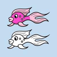 A set of color and monochrome images, a sketch for a coloring book. Beautiful pink fish from the tropical sea, aquarium fish, cartoon vector illustration