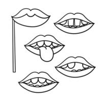 Monochrome illustration, a set of different funny drawings with different emotions, funny lips for a party with teeth, vector illustration