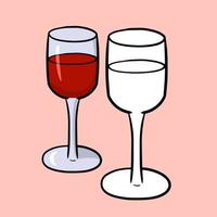 A set of color images with a sketch image. A set of glass wine glasses for wine, champagne on a high leg. Vector illustration, cartoon style