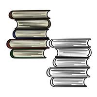 A set of color and monochrome images, a sketch for a coloring book. High stack of thick books, side view, cartoon vector illustration on white background