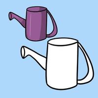 A set for a coloring book. Lilac cartoon watering can for watering plants, housework and gardening. Vector illustration