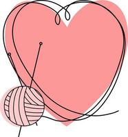 Pink heart-shaped frame with an empty place to insert, for needlework, knitting with a ball and knitting needles, drawing with one line vector