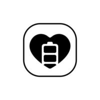 Battery health icon vector. Charging heart logo in square line vector