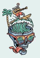 Skull surfing while playing guitar illustration