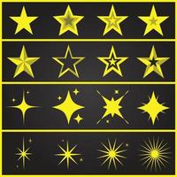 vector de símbolos brillantes y centelleantes de oro amarillo. el conjunto de estrellas vectoriales originales brillan icono. colección de vectores de iconos de estrellas brillantes.