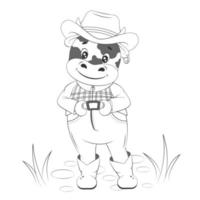 Cute cowboy calf farmer. Cartoon style. Monochrome children illustration. Vector illustration.