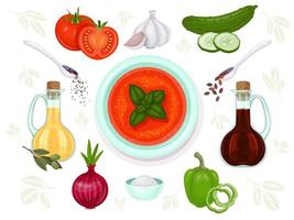 Gazpacho and set of ingredients for it. Vector food illustration. Isolated on white. Cartoon style.