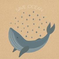 ballena sobre fondo de papel artesanal, cartón. día Mundial del Medio Ambiente. salvar el océano. ilustración vectorial vector