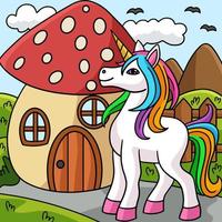 Unicorn In Front Of Mushroom Colored Illustration vector