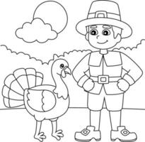 Thanksgiving Pilgrim Boy With Turkey Coloring Page vector