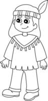 Thanksgiving Pilgrim Native Boy Isolated Coloring Page vector