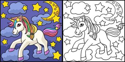 Unicorn With Cloud Star Moon Colored Illustration vector