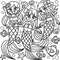 sirena con amigos página para colorear para niños vector