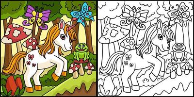 unicornio de hadas en la ilustración de color del bosque vector