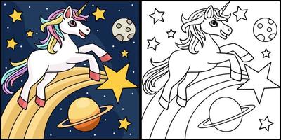 Unicorn Space Coloring Page Colored Illustration vector