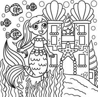 Mermaid In Front Of A Castle Coloring Page vector