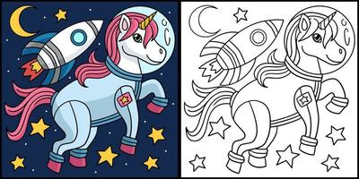 astronauta unicornio en el espacio para colorear ilustración vector