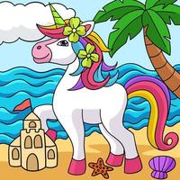 unicornio en la playa ilustración de dibujos animados de colores vector