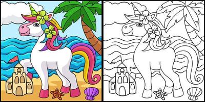 unicornio en la playa para colorear ilustración de la página vector