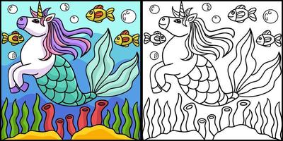 Unicorn Mermaid Coloring Page Colored Illustration vector