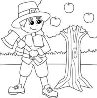 Thanksgiving Pilgrim Boy Holding Axe Coloring Page vector