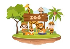 ilustración de dibujos animados del zoológico con animales de safari elefante, jirafa, león, mono, panda, cebra y visitantes en territorio en el fondo del bosque vector