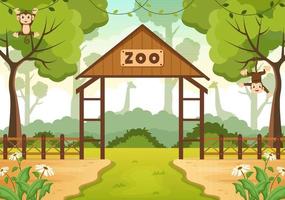 ilustración de dibujos animados del zoológico con animales de safari mono, jaula y visitantes en el territorio en el diseño de fondo del bosque vector