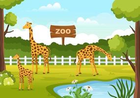 ilustración de dibujos animados del zoológico con animales de safari jirafa, jaula y visitantes en el territorio en el diseño de fondo del bosque