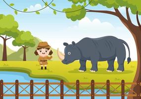ilustración de dibujos animados del zoológico con animales de safari rinoceronte, jaula y visitantes en el territorio en el diseño de fondo del bosque vector