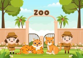 Zoo Cartoon Illustration with Safari Animals Lion, Tiger, Cage and Visitors on Territory on Forest Background Design vector