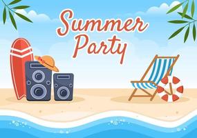 Summer Party Cartoon Background Illustration with Tropical Plants, Equipment on the Beach for Poster or Greeting Card Design vector