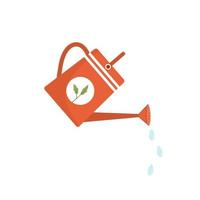 Red watering can isolated on white background. Drops of water falling. Gardening tool or implement. Irrigation or horticulture symbol. Vector illustration in flat cartoon style