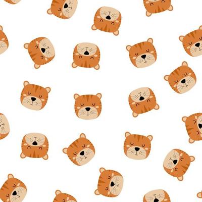 Seamless pattern of cute hand drawn sleeping tiger. Cartoon zoo. Vector illustration. Animal for the design of children's products in scandinavian style.
