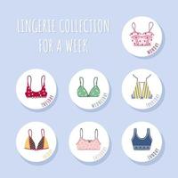 Modern female bra collection for a week. Cute colorful weekly brassieres with bows and lace. Trendy undergarments. Vintage vector illustration in flat cartoon style. Suitable for logo, icon, banner