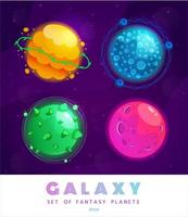 Vector set of cartoon planets. Colorful set of isolated objects. Space background. Fantasy planets. Colorful universe. Game design. Fantasy space planets for ui galaxy game. EPS 10.