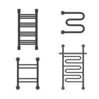 Heated towel rail set. Modern equipments for bathroom. Black metal towel racks. vector