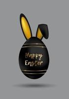 Happy Easter. Luxury black egg with bunny ears and golden ornament. Spring holiday. Realistic vector illustration. For greeting card, promotion, poster, flyer, web banner, social media