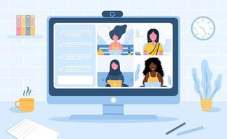 Video call conference. Working from home. Social distancing. Business discussion. Vector illustration in flat style.