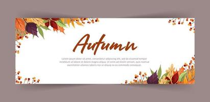Banner with colorful autumn maple, rowan, alder and aspen leaves and branches. Web design. Vector illustration in flat style.