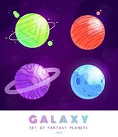 conjunto de vectores de planetas de dibujos animados. colorido conjunto de objetos aislados. fondo del espacio. planetas de fantasia. universo colorido. Diseño de juego. planetas espaciales de fantasía para el juego ui galaxy. eps 10.